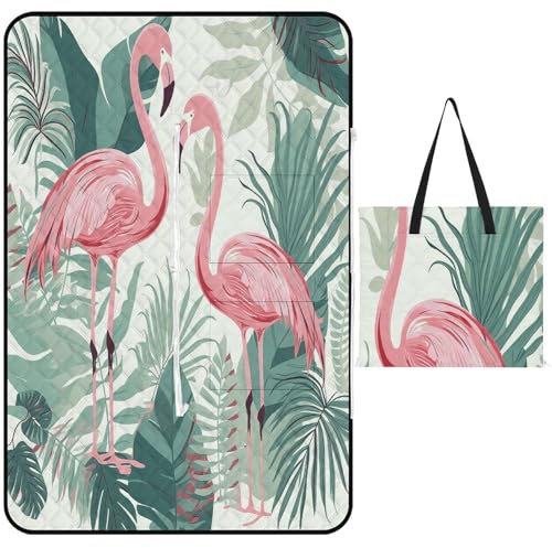 QWNMD Picknickdecke, Campingdecke, Teppich, Cartoon-Flamingo-Blätter, bedruckte Picknick-Matte, tragbare Indoor-Outdoor-Teppiche für Reisen, Wandern, Musik, Festival, Rasen, Reißverschluss