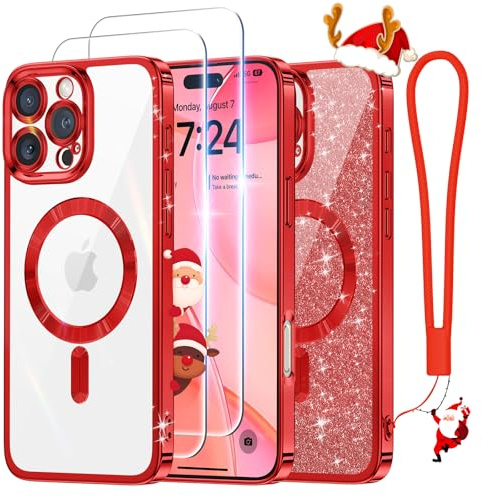 Meifigno Coque conçue pour iPhone 16 Pro Max, rouge Noël, carte pailletée et dragonne, compatible avec MagSafe, 2 protecteurs d'écran, protection d'objectif surround conçue pour 16 ProMax Case 6,9