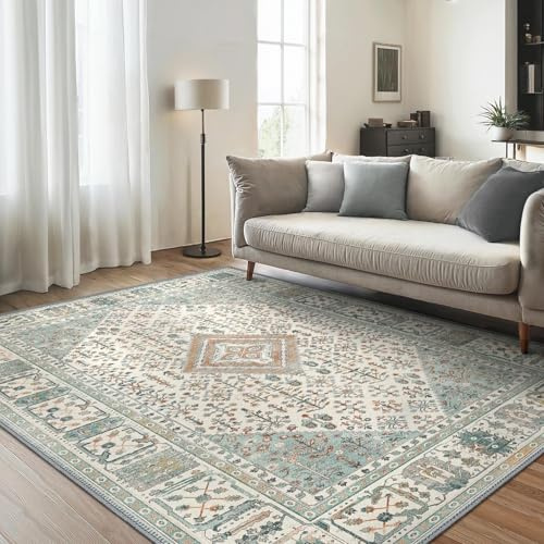GENIMO Rugs Living Room 160x230cm,Large Washable Boho Vintage Carpet,Non-Slip Durable Easy Clean Green Rug for Living Room, Dining Room, Home Office