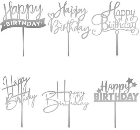 6 topper per torta in argento con scritta Happy Birthday per decorazioni per torte, in acrilico, lettere di buon compleanno per torte, topper per cupcake in argento personalizzati, inserti per torte