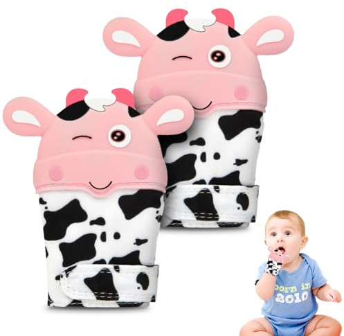 HOTUT Baby Beißhandschuhe, 2 Stück Beißringe Baby Spielzeug, BPA-frei, Tiermotive, Sensorische Fäustling Beißspielzeug Zahnungshilfe, Zahnen & Greifling für 0-6 Monate Babys (Pink-Kalb)
