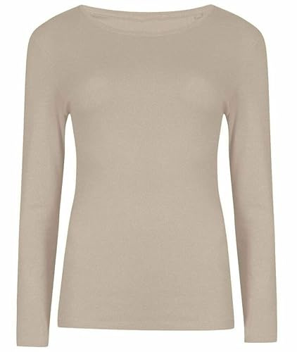 Cloth Garage® Women Ladies Long Sleeve Round Neck Plain Top Stretchy Casual Summer T-Shirts Basic Slim fit Tee Tops UK Plus Size 8-26 Stone
