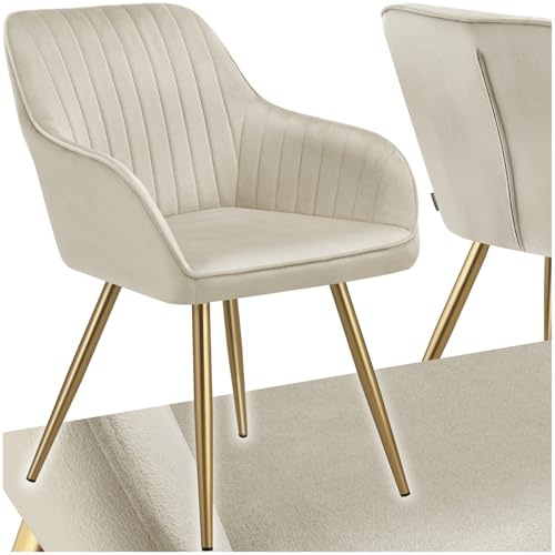 tectake® Esszimmerstuhl, gesteppter Samtstoff Stuhl, mit Armlehnen, als Essgruppe, Küchenstühle modern, gemütlicher Sessel Wohnzimmer, Dining Lounge, Schminktisch Stuhl- Creme/Gold, 1 Stuhl