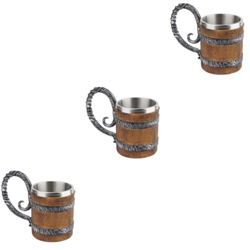 Amosfun 3 Pièces Chope De Bière Tonneau En Bois Thermique Tasse Hydraulique Fabricant Bouteille Réutilisable Cruches Mug Corne à Boire Expresso Chopes à Bière Rétro Brown Acier Inoxydable