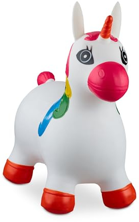 Relaxdays Unicorno Gonfiabile per Bambini, Gioco Animale Saltellante, Fino a 50 kg, Senza BPA, Pompa Manuale, Bianco
