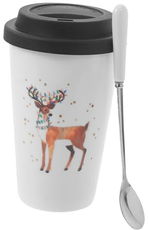 SOLUSTRE Tasse de Noël Céramique sans Anse avec Couvercle Silicone Mug à Café à Motif Renne Tasse à Boire Compacte et Facile à Nettoyer pour Boissons Chaudes et Froides