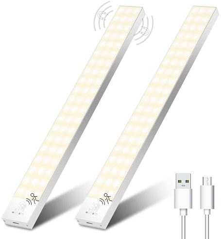 Unterbauleuchte Küche LED Schrankbeleuchtung mit Bewegungsmelder Innen Akku 32cm 2Stück, Schranklicht Schrankleuchten Lichtleiste mit Sensor für Kleiderschran/Unterschrank/Treppe/Kofferraum-Warmweiß