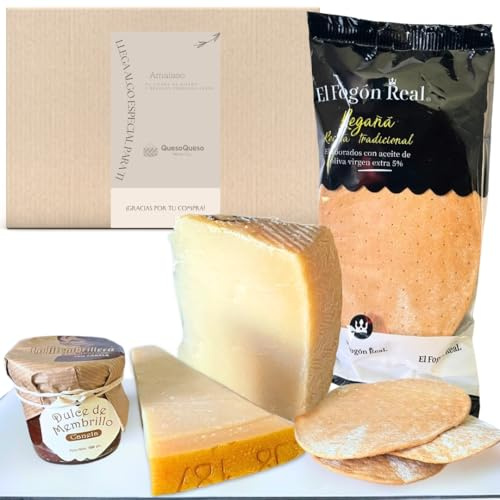 Amaisso® Caja de Quesos Regalo Gourmet | Cestas Regalo | Surtido 2 Cuñas Queso Curado, Membrillo y Regañás | Queso Parmesano y de Cabra | Pack Postre con Q y Membrillo La Membrillera con Canela