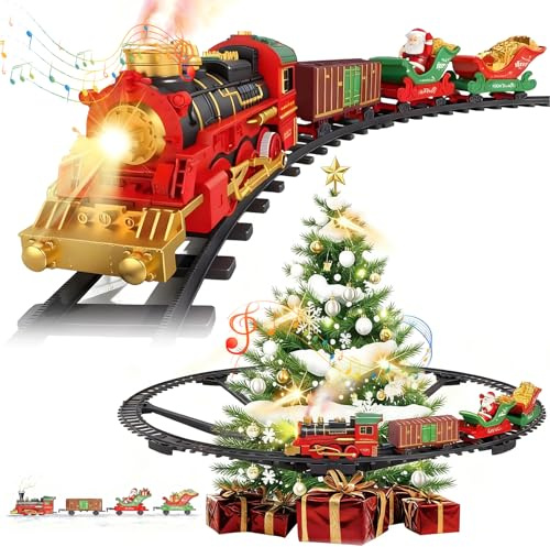 Gonggi Tren para alrededor del árbol de Navidad, juego de tren de árbol de Navidad 2 en 1, juego de tren de Navidad para debajo de árboles para jardín familiar, kits de ferrocarril con motor de