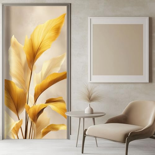 Türtapete Selbstklebend Strichzeichnungen Blätter 100x200 cm Gold, Türaufkleber Fototapete Türfolie Wasserdichte Abnehmbare Türposter Innentür Schlafzimmer Mädchen und Junge