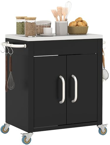 HOMCOM Carrello Barbecue con Piano in Acciaio Inox Tavolo da Cucina da Esterno con Ruote, Maniglia, 6 Ganci, Armadietto Contenitore 86x50x86.5 cm Nero