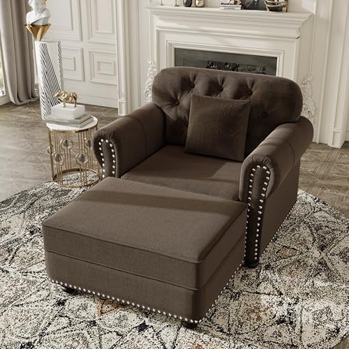 Eafurn Chesterfield Accent Chair with Button Tufted Back & Nailhead Trim, Mid-Century Modern Single Sofa Chair with Movable Ottoman, Comfy Velvet Armchair for Living Room, Bedroom, Office