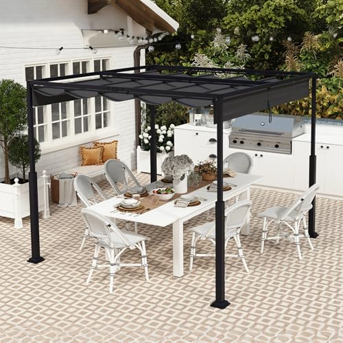 UISEBRT Metallpergola 3 x 3 m vattentät stabil vinterbeständig lusthus med lamelltak, fristående markis med skjuttak och solskydd för trädgårdar och terrasser, svart