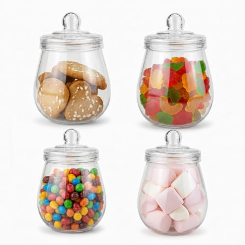 Punorric 4 Pack Candy Jars, 450ml Airtight Plastic Sweet Jars with Lids, Clear Sweet Jars for Candy Buffet, Round Biscuit Tin for Kitchen, Food Storage Container for Cookie, Nuts, BPA-Free