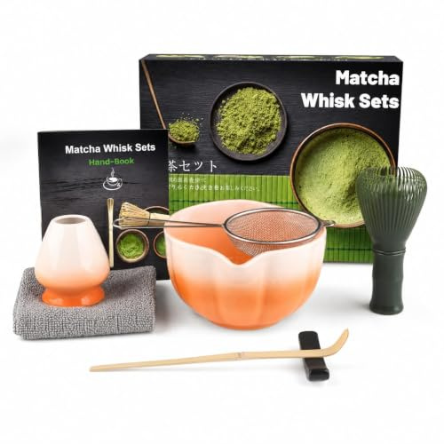 7pcs Matcha Whisk Set, Japanese Matcha Set Includes Green Plastic Chasen Whisk, Whisk Holder, Ceramic Matcha Bowl, Scoop, Sifter, Absorbent Cloth, Matcha Tea Kit for Beginners & Tea Lovers, Pink