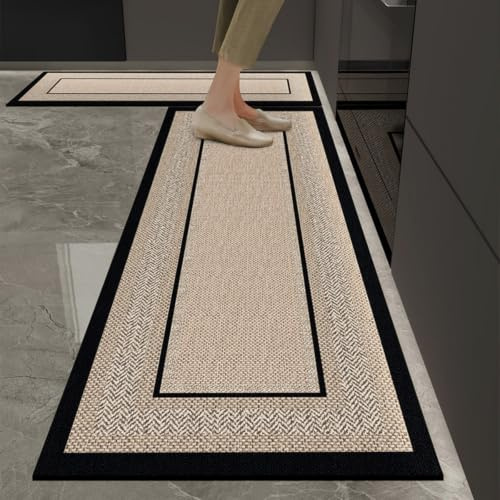 Alfombra Cocina 50X80Cm Negro Beige Alfombra Vinilica Cocina Cuero,Modernas Lavable Antideslizante Anti Fatiga para Pasillo, Comedor,Hogar Alfombrilla Cocina