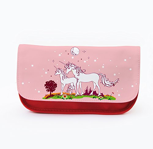 ilka parey wandtattoo-welt Federtasche Federmappe Stiftetasche Federmäppchen Kosmetiktasche Einhorn Einhörner auf Wiese Mondschein Sternenhimmel rosa f073