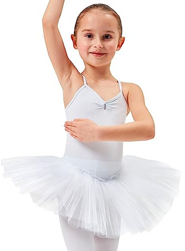 tanzmuster Ballettkleid Mädchen Tutu - Kim - weicher Baumwollstoff - Glitzersteine - Ballett Trikot mit Tüllrock für Kinder - weiß, 140/146
