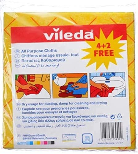 Vileda All-Purpose Cloth 4+2Pcs, Powerful Cleaning, Water-Absorbent, Durable - Yellow 6 Pcs Per Pack