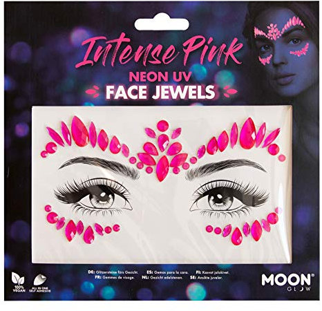 Moon Glow Neon-UV-Gesichtsjuwelen, Festival-Gesichts-Körper-Edelsteine, Kristall-Make-up-Augen-Glitzeraufkleber, temporäre Tattoo-Juwelen (intensiv) (Rosa, 1 Stück)