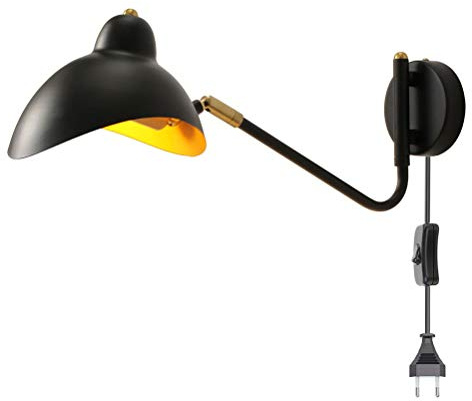 Wandlampe Vintage Industrial mit Schalter, Wandleuchte aus Metall in Schwarz Leselampe mit Schalter und Stecker, E27 Innen Schwenkbar Nachttischlampe für Schlafzimmer Bettseite Wohnzimmer