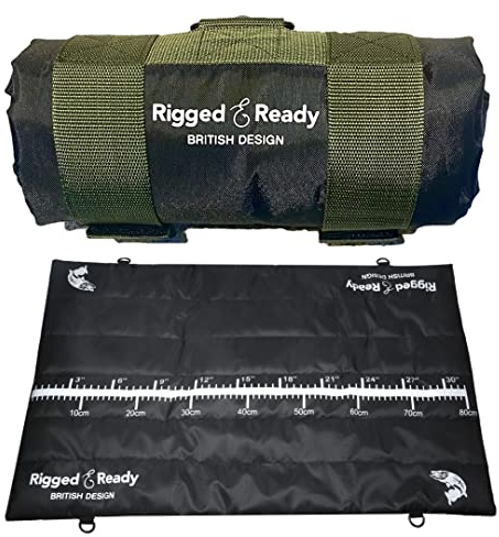 Rigged & Ready Travel Compact Fishing Unhooking Mat with Fish Measure Guide | Light, Easy Carry Fold & Roll Design, Easy Clean Fishing Unhooking Mat with S Hook Carabiner, 2 Sizes, From 220g.