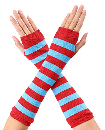 sourcing map Damen Gestreifte Handschuhe Ellenbogenlänge Winter Stilvolle Fingerlose Armstulpen 1 Paar, Blau / Rot, One size