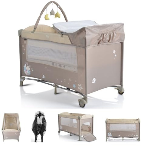 MONi 'Sleepy' Reisebett mit Rädern, Wickelauflage, Spielbogen, Farbe: Beige/Braun