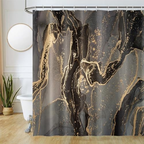 Uiiooazy Duschvorhang Shcwarz Gold, Duschvorhang 180x180cm Anti Schimmel Marmor Optik Grau Braun Marmoriert Duschvorhänge Stoff Waschbar Wasserdicht Polyester Bad Vorhang mit 12 Haken für Badezimmer