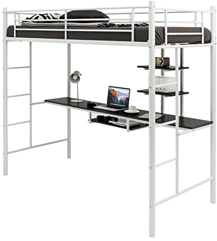 COSTWAY Metal Bunk Bed with Desk, Shelves and Safety Guardrail, 2 Ladders Loft Bed Frame, Home Bedroom Dormitory Space-Saving Single High Sleeper for Kids, Teens and Adults (White)