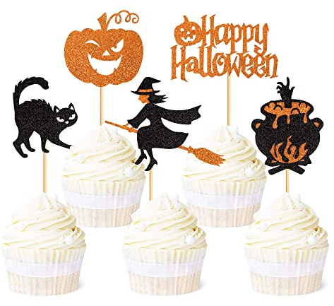 25Pcs Glitter Black Cat Witch Cupcake Topper Pumpkin Cupcake Picks | Glitter Black Orange Classic Halloween Cupcake Decorations,Halloween Baby Shower Birthday Wedding Party Decorations