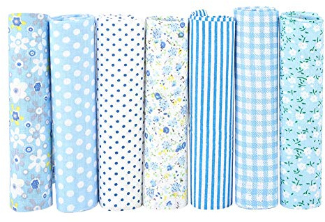 Patchwork Stoff, 7 verschiedene Muster blauer Baumwollstoff zum Quilten, Quadrate, Blätter, Baumwollbündel, Patchwork, Basteln(50 x 50cm)