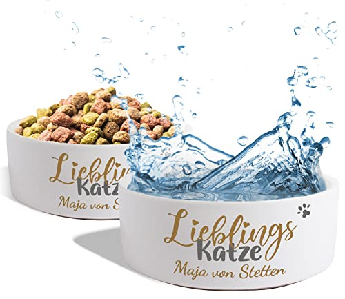 Katzennapf Keramik personalisiert mit Namen „Lieblings-Katze“ | Napf-Set mit/ohne Ständer | Doppelnapf Futternapf Fressnapf Trinknapf | Napf für große kleine Katzen Futterstation (2X 500ml)