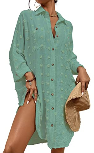 Bsubseach Swimsuit Coverup for Women Bathing Suit Blouse Button Down Shirt Dresses Swiss Dot Blue Green