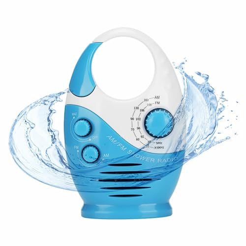 Waterproof Shower Radio, AM/FM Radio with Adjustable Volume Speakers, Battery Powered Portable Speakers with Hook Handle for Shower Rooms Bedside Tables Garages