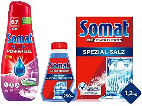 Somat All in 1 Power Gel (67 Spülgänge) für Eco-Programm & Intensiv-Maschinenreiniger, mit Entkalkungsfunktion, 250 ml & Somat Spezial Salz 1,2Kg