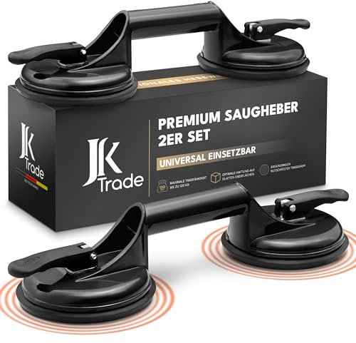 JK Trade® 2er Set Saugheber mit Tragegriff | rutschfester Vakuumheber mit Haltegriff bis 120 kg Tragkraft | Saugnapf Hebewerkzeug als Transporthilfe für Glasscheiben, Fliesen, Autoscheiben, Trockner