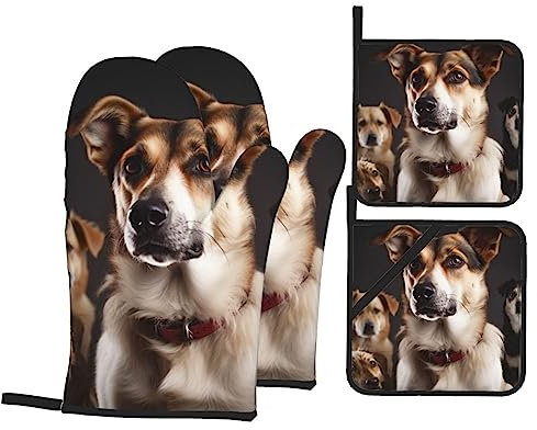 Ofenhandschuhe und Topflappen, Set mit 4 Stück, hochhitzebeständig, für Küche, Tier, Hund, Foto-Ofenhandschuh mit heißen Pads für Backen, Garten, Arbeitstag Essentials