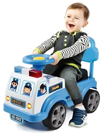 RLS My First Ride on Police Car Kids Toy Car Boys and Girls push Along Toddlers and Infants Walker with Storage