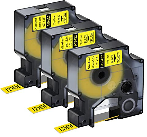 NineLeaf 3 Packung Ersatz für Dymo IND 18432 A18432 12mm x 5.5m Bänder Schwarz auf Gelb Vinyl Permanentes Industrie Schriftband für Rhino 1000 4200 5200 ILP 219 3M PL100 PL150 Beschriftungsgerät