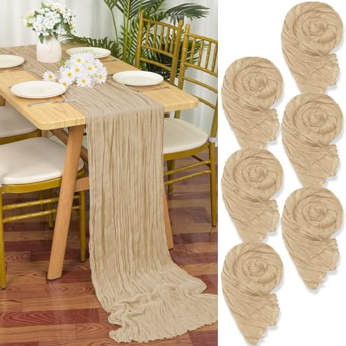 YMHPRIDE Lot de 6 Chemins de Table en étamine en Beige, 90 x 300cm en Tissu de Gaze Rustique,Beige décoration de Table de Mariage Nappe pour fête de Douche Nuptiale décorations de Table