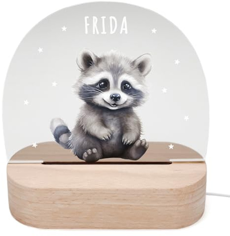 DEL MÀ Unique & Personal Personalisiertes Waschbär Nachtlicht Kinder & Babys Babyzimmer Deko Kinderzimmer Nachtlampe Mädchen Jungen Kinderlampe Inkl. Holzfuß