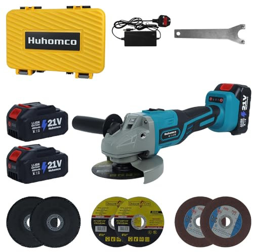 Huhomco Angle Grinder Cordless with 2PCS 4000mAh Li-Ion Batteries and Smart Dispaly 8500RPM 125MM, 6 Cutting Discs, Brushless Battery Angle Grinder for Sanding Cutting, Grinding, Polishing
