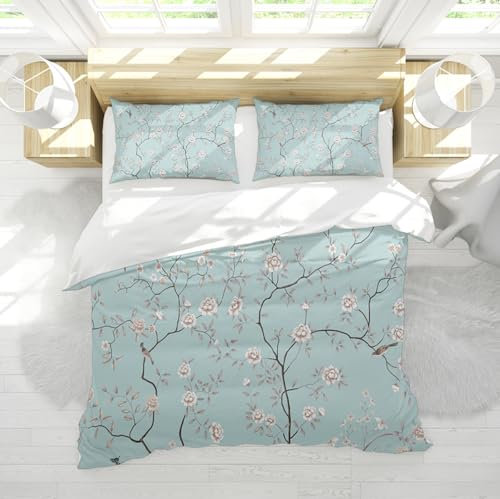 DINGSION Babyblaues Bettwäsche-Set 3-teilig Weiße blühende Blumen Elstern Kolibris Schlafzimmer-Bettwäsche-Set mit 2 Kissentüchern 4 Krawatten Reißverschluss 230 x 230 cm