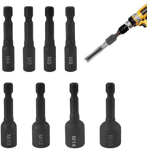 8 Stück M4-M16 Bohrer Set, Gewindebohrer Stecknuss Adapter, 1/4 Zoll Metallbohrer Set Profi, Gewindebohrer-Steckschlüsselsatz für Bohrmaschine, für Die Autoreparatur