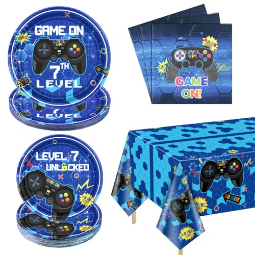 Lot De 61 Assiettes En Carton Pour 7e Anniversaire - Assiettes En Carton - Nappe De Jeu Vidéo - Cadeaux De Fête Pour Garçon - 7e Anniversaire - Pour 20 Personnes