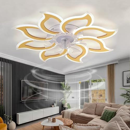 Caufloce LED Ceiling Fan Light Large Bedroom Dimmable Ceiling Fans with Lights Reversible Modern Remote Control Silent Light Fan Ceiling Flower Smart 6 Speed Indoor for Living Room, Lounge-Gold
