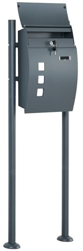 HOMCOM Briefkasten Anthrazit Postkasten mit Zeitungsfach, Sichtfenster, Standbriefkasten mit 2 Schlüssel, Ständer, Verzinkter Stahl 44 x 15 x 114 cm