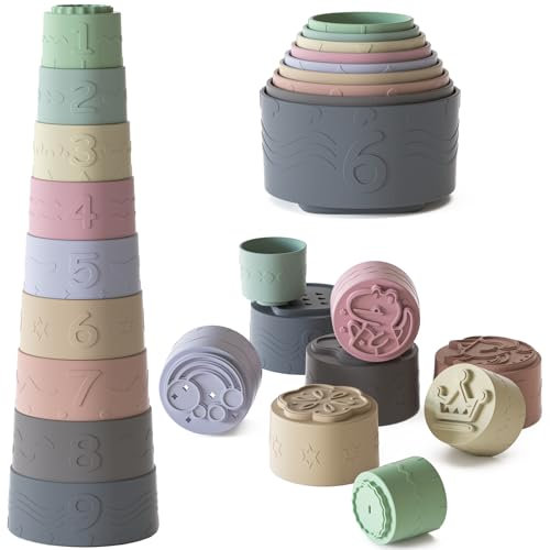 Yitical Stapelturm Baby mit 9 Bechern, Baby Spielzeug ab 3-6 9 12 Monate, Montessori Lernspielzeug Stapelbecher Motorikspielzeug, Silikon-zahnendes Spielzeug, Geschenk für 1 Jahr Jungen & Mädchen