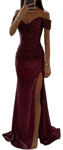 Agiyenna Damen Off Shoulder Pailletten Maxikleid Trägerlos Sexy V-Ausschnitt Abendkleid mit Hohem Schlitz Elegant Bodycon Glitzer Partykleid Ärmellos Einfarbig Lang Brautjungfernkleider